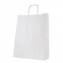 Bolsa de papel blanca con asa retorcida o rizada color blanco de 100 gramos y con una medida 32+12x42 cm