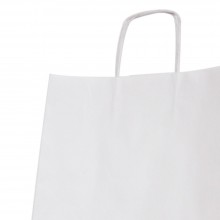 Bolsa de papel blanca con asa retorcida o rizada color blanco de 100 gramos y con una medida 32+12x42 cm