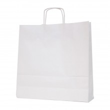 Bolsa de papel blanca con asa retorcida o rizada color blanco marrón de 100 gramos y con una medida 37+12x37