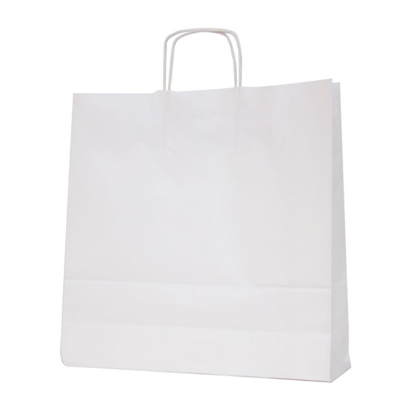 Bolsa de papel blanca con asa retorcida o rizada color blanco marrón de 100 gramos y con una medida 37+12x37