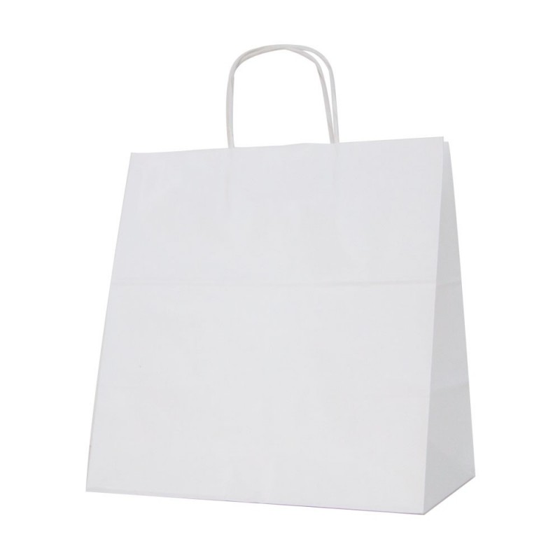 Bolsa de papel blanca con asa plana. Caja 125uds. - Medida:30+19x32 cm.