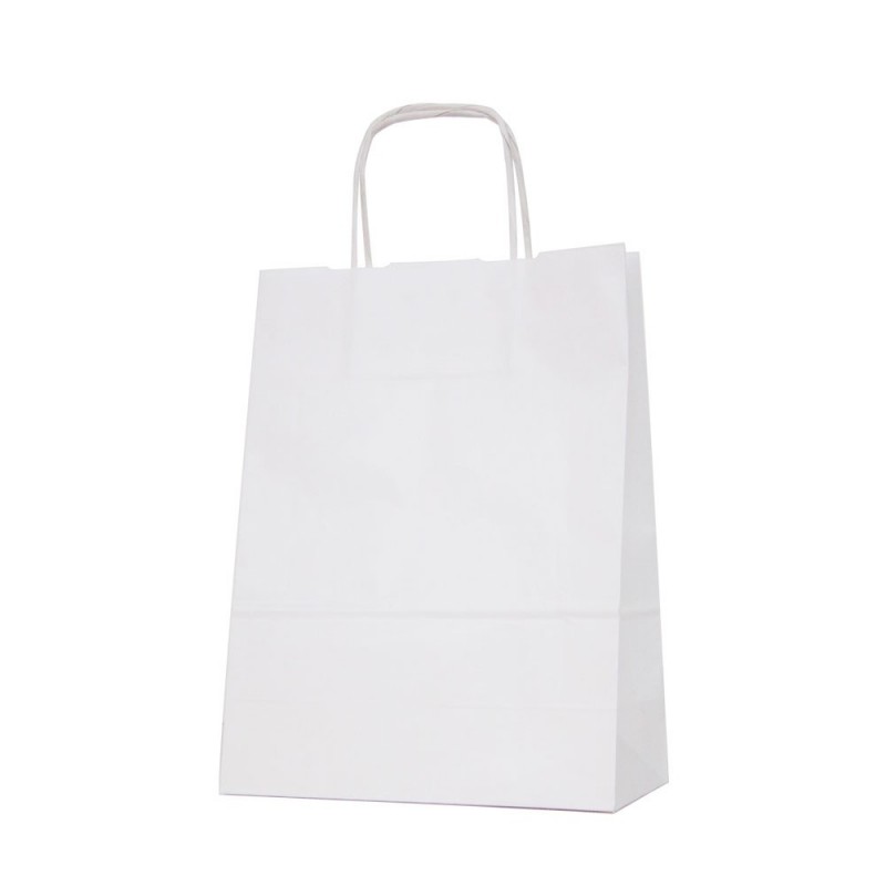 Bolsa de papel blanca con asa retorcida o rizada color blanco marrón de 100 gramos y con una medida 24+11x32