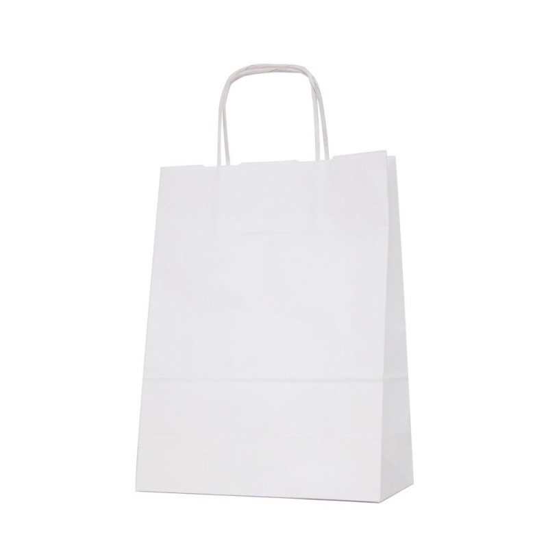 Bolsa de papel blanca con asa retorcida o rizada color blanco marrón de 100 gramos y con una medida 24+11x32 Bolsa de papel blanca con asa retorcida o rizada color blanco marrón de 100 gramos y con una medida 24+11x32