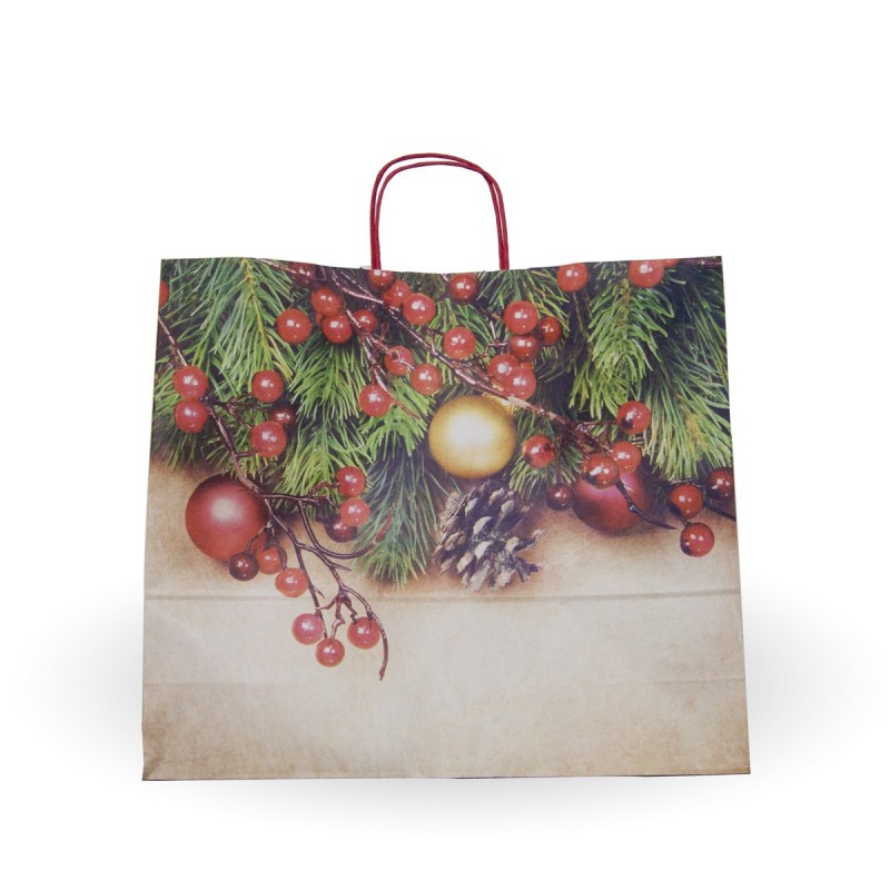 Bolsa de papel impresa para Navidad con asa retorcida o rizada. Bolsa de papel impresa para Navidad con asa retorcida o rizada.