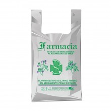 Bolsa de plástico reciclado gris para farmacia con una medida de 25/15x30 centímetros, contiene un 70% de material reciclado.