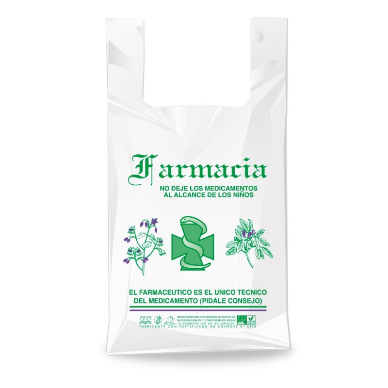 Bolsa de plástico reciclado para farmacia con una medida de 25/15x30 centímetros, contiene un 70% de material reciclado.