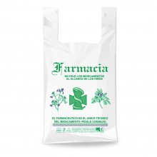 Bolsa de plástico reciclado para farmacia con una medida de 30/15x30 centímetros, contiene un 70% de material reciclado.