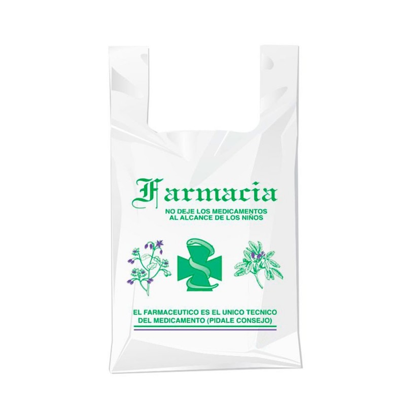 Bolsa compostable y biodegradable para farmacia con una medida de 30/19x35 centímetros