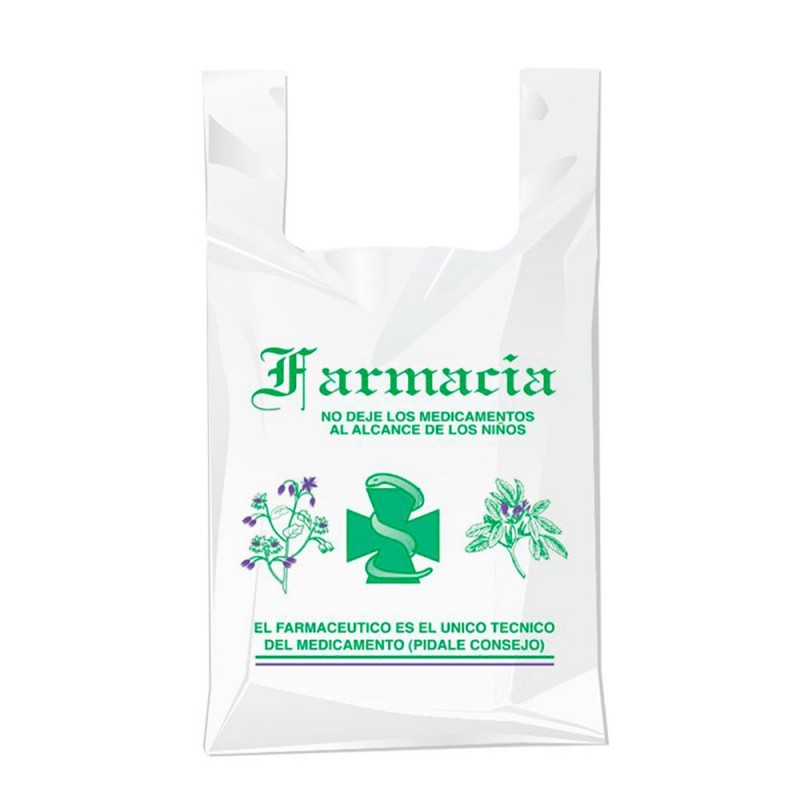 Bolsa compostable y biodegradable para farmacia con una medida de 35/23x40 centímetros.