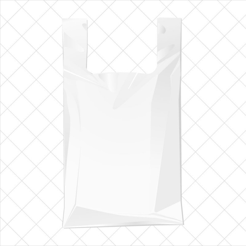 Bolsa de plástico blanca con asa de camiseta fabricada un 70% de material reciclado con una medida de 30/19x40 centímetros