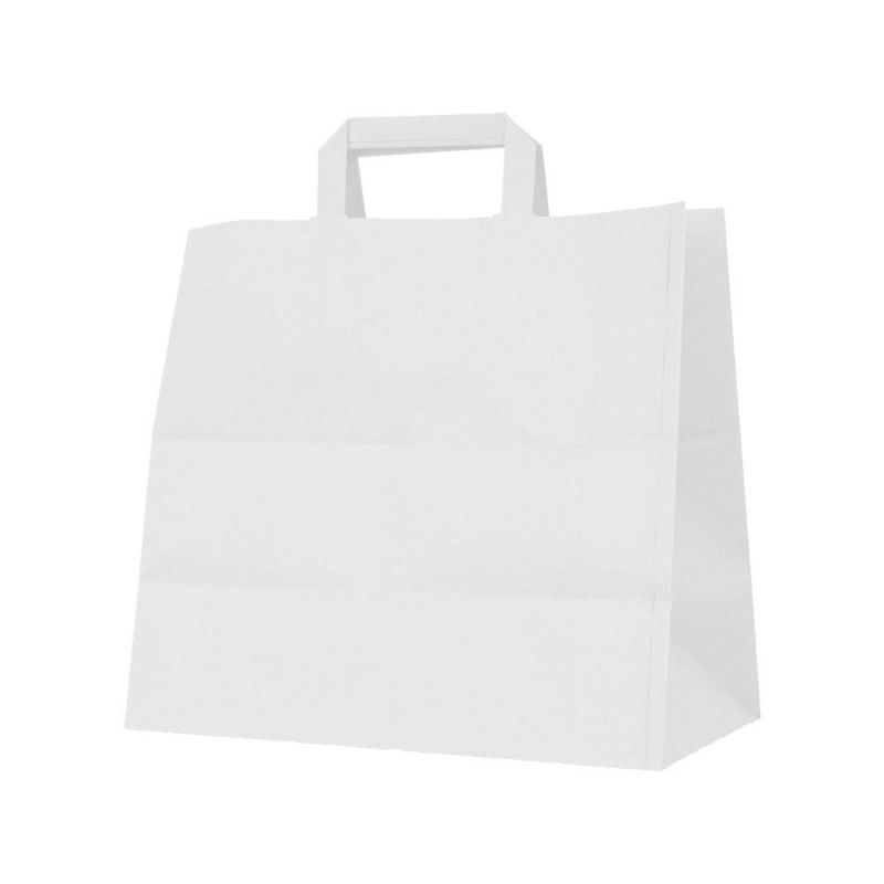 Bolsa de papel blanca con asa plana, fabricada con papel de color blanco de 100 gramos y con una medida 32+22x25. (take away)