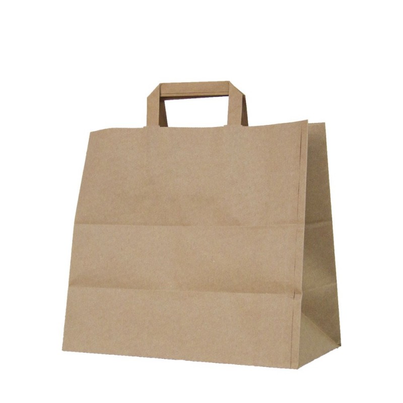 Bolsa de papel kraft con asa plana, fabricada con papel de color marrón de 100 gramos y con una medida 32+22x25cm (take away) Bolsa de papel kraft con asa plana, fabricada con papel de color marrón de 100 gramos y con una medida 32+22x25cm (take away)